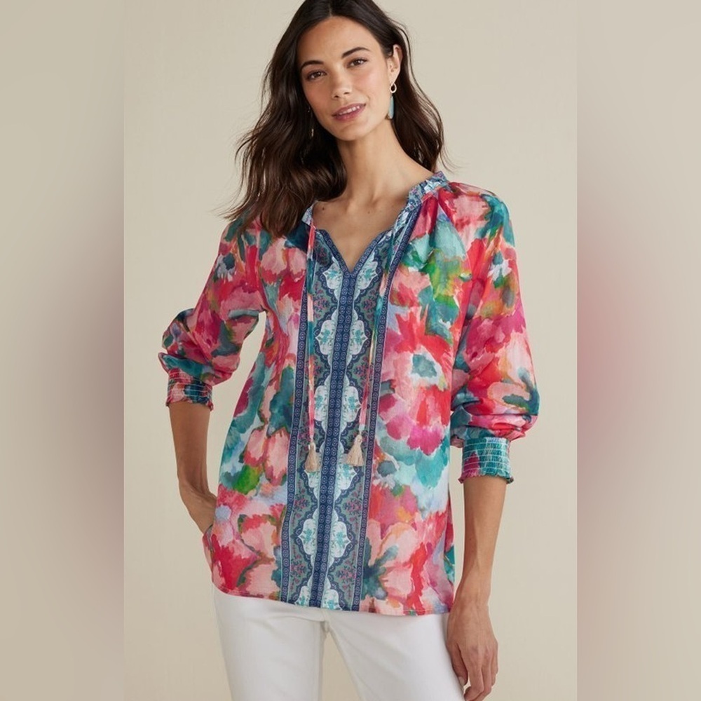 Soft Surroundings Size S Evalina Top Blouse in  Pink Ranunculus NEW!